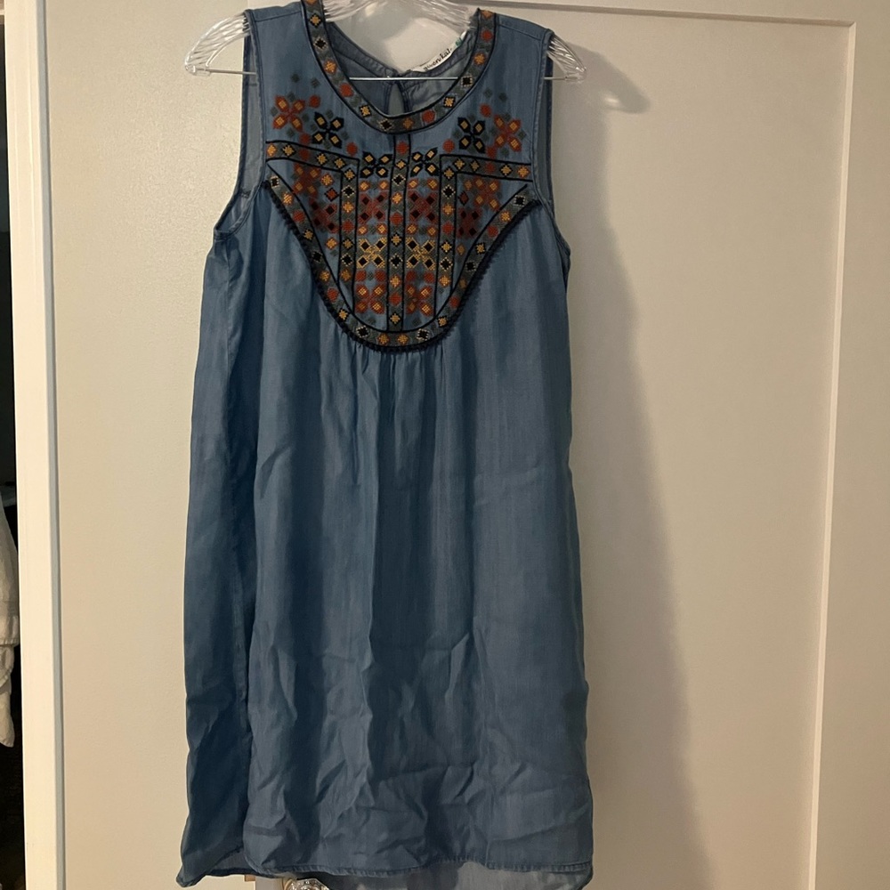 Embroidered denim mini dress